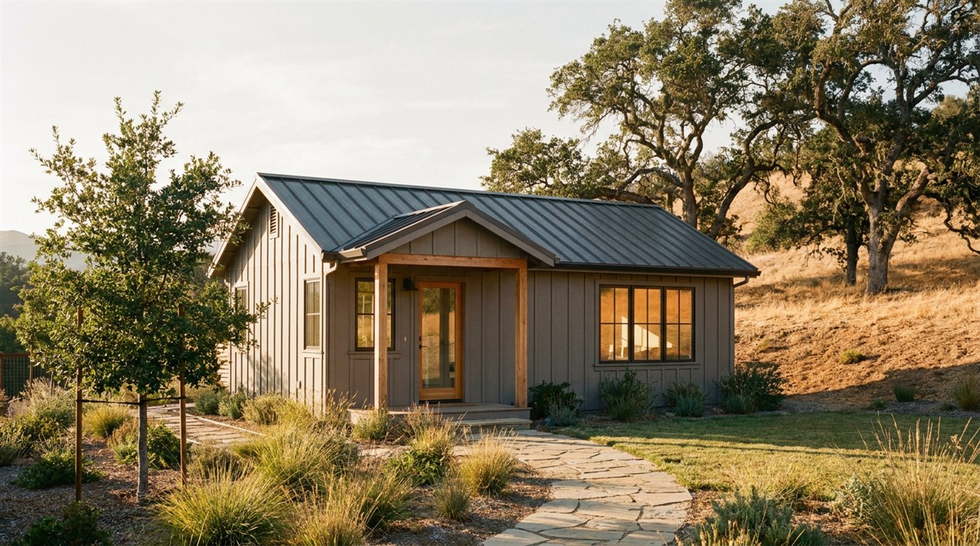 An illustrative example of a modern backyard ADU in a South Bay setting.