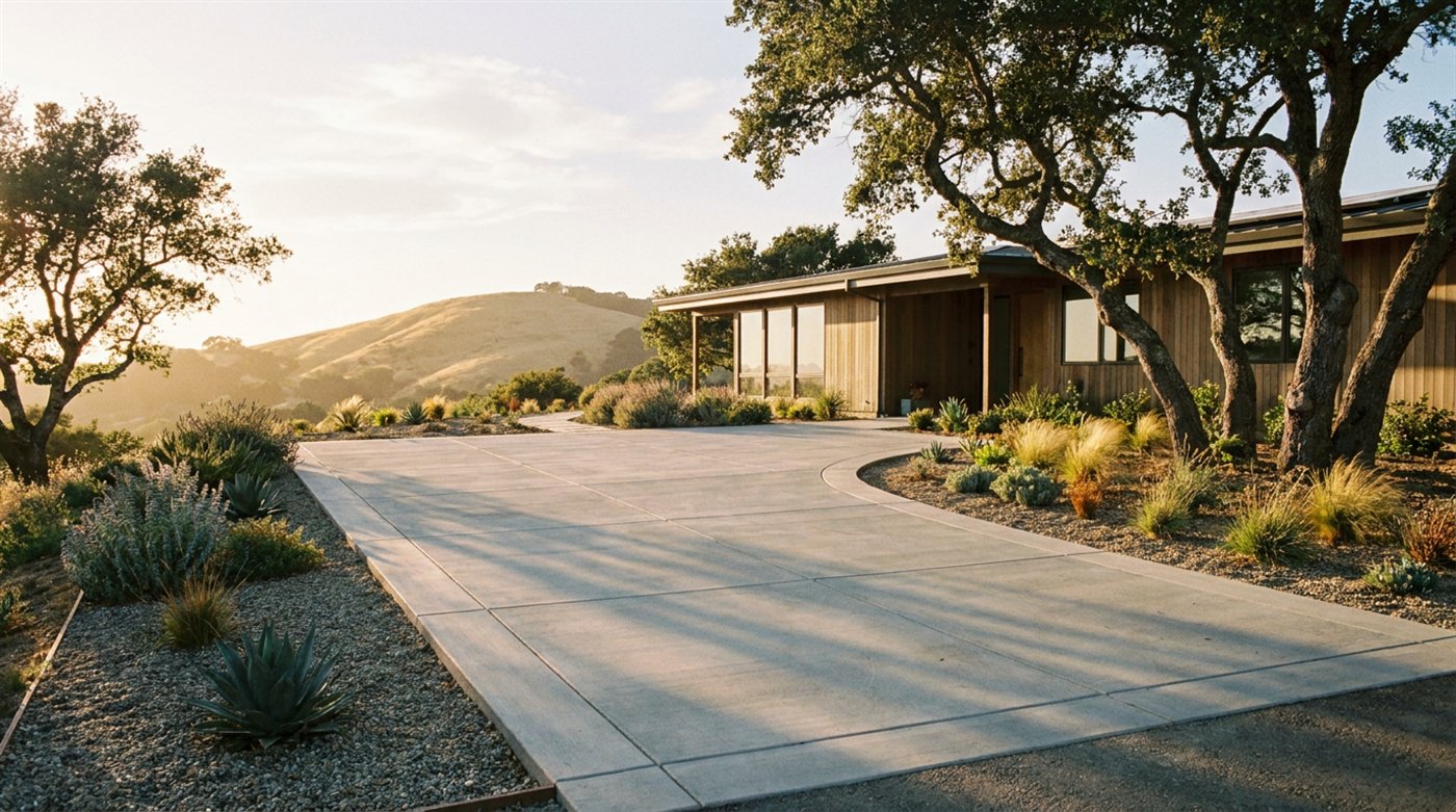 An illustrative finished concrete driveway and walkway leading to a modern home.