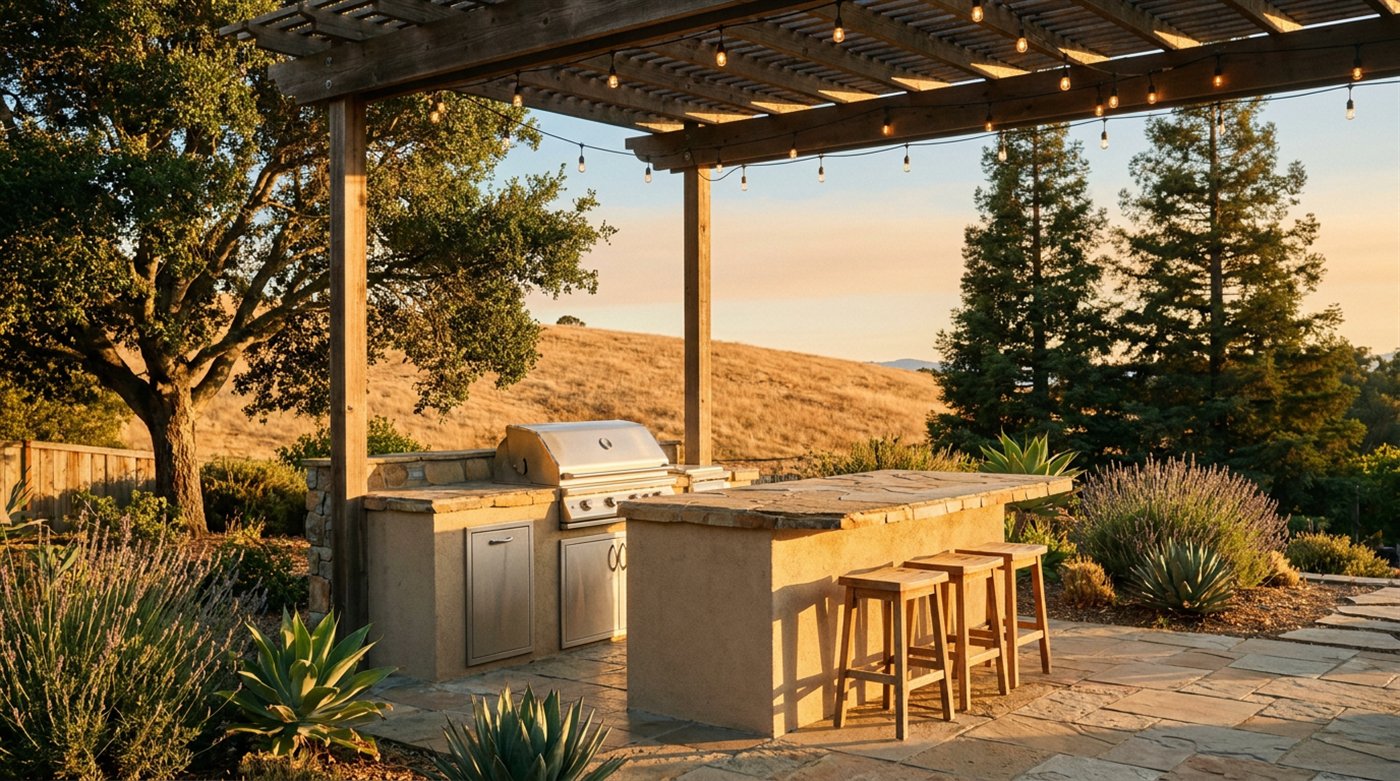 An illustrative outdoor kitchen with a built-in grill, a stone island, and a string-lit pergola.