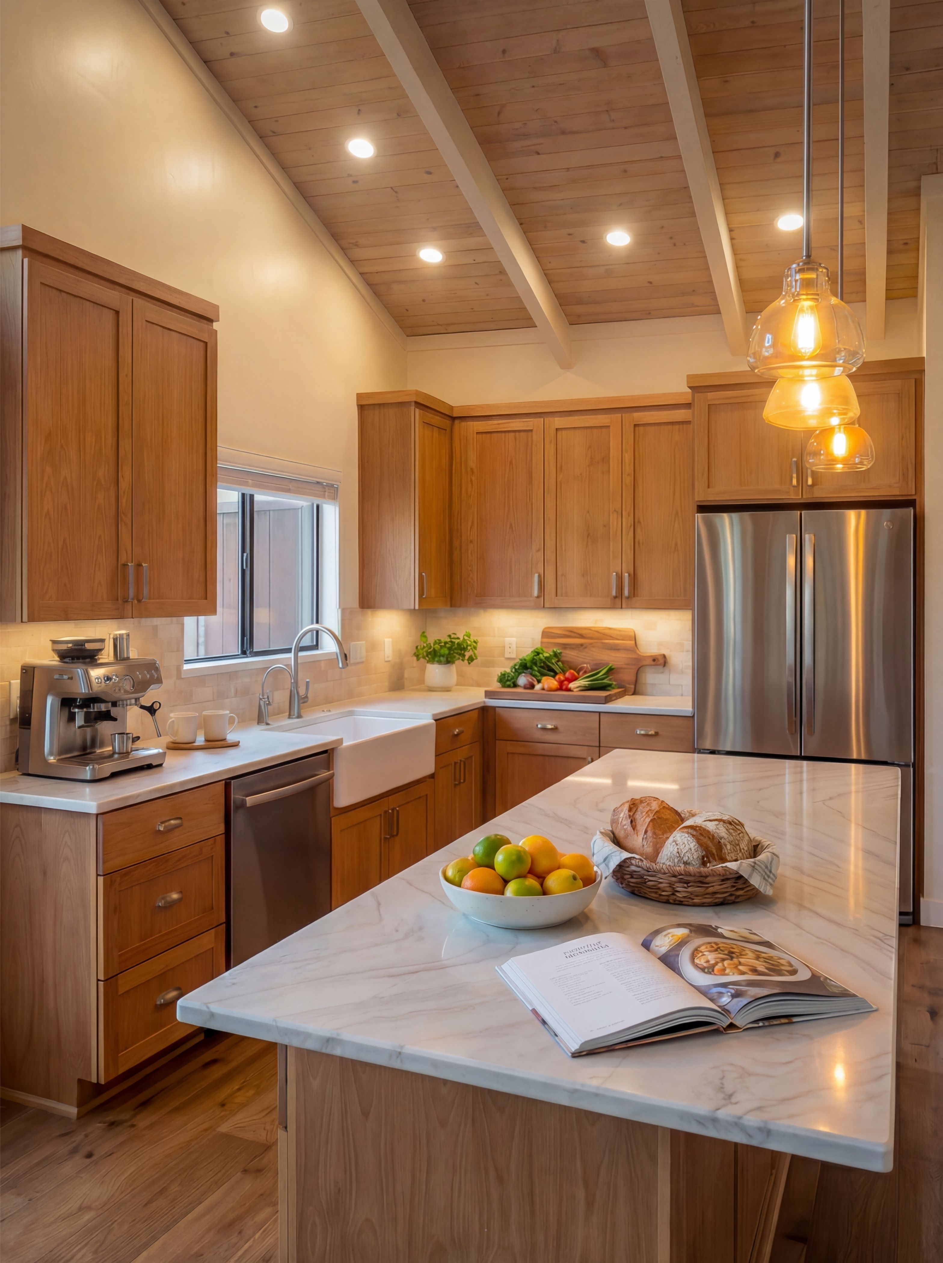 A custom kitchen remodel by SB Construction with a vaulted wood ceiling, cherry cabinetry, and a marble waterfall island.