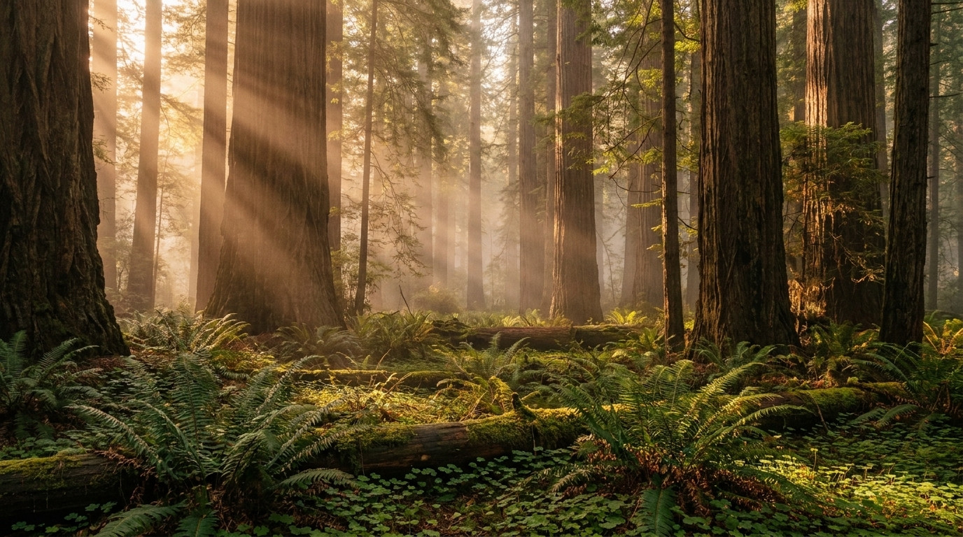 A redwood grove in the Santa Cruz Mountains with morning light.